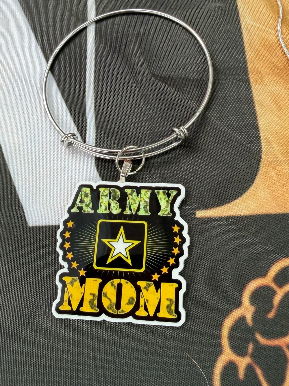 Army Mom Silver Bracelet with Yellow & Green Charm